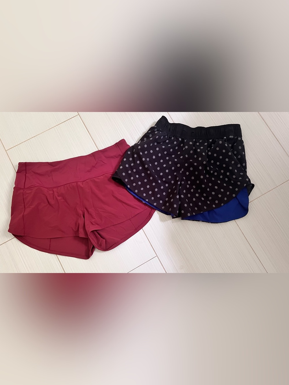 🍋2 pairs of Lululemon maroon and reversible polka dot/royal blue shorts